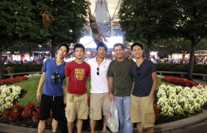 Dancers Patrick Trang, Jeff Sun, Alex Chun, emcee Jared Madsen, dancer Alvin Song.