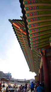 Pod okapy paláce Gyeongbokgung, jenž byl vystavěn ve stylu tradiční čínské architektury. Tradiční čínské kultury si v Koreji velmi považují, byť představení tradiční čínské kultury bylo iracionálně zrušeno – kvůli čínské ambasádě. (fotil tanečník Ben Chen)