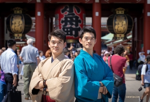 Dancer-brothers William (left) and Victor Li in front of Sensō-ji  Temple in Asakusa, Japan.